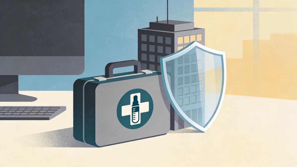 Clean editorial illustration showing workplace first aid kit with naloxone, geometric shapes in muted teal and slate blue