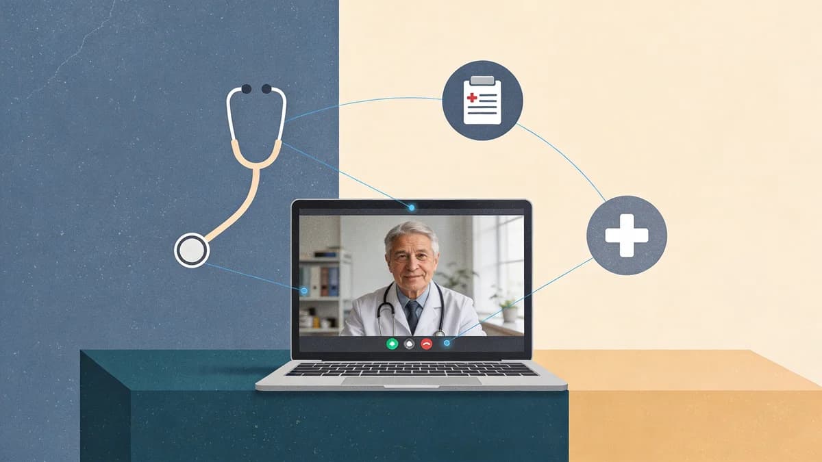 Abstract illustration of laptop screen connecting to medical care symbols, representing telehealth access to addiction treatment medication