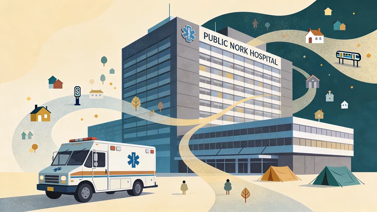 NYC hospital building with mobile outreach van and abstract flowing connection lines, representing street health services reaching underserved communities