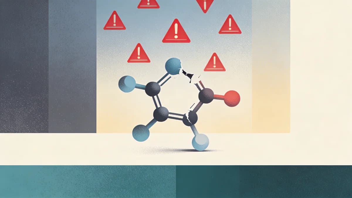 Abstract molecular structure with warning symbols, representing dangerous synthetic opioids more potent than fentanyl