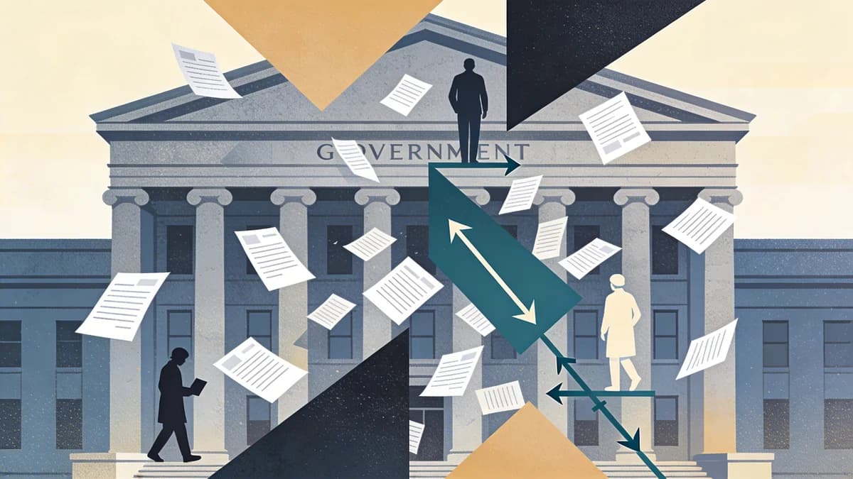 Government building with funding documents scattered in chaos, representing SAMHSA grant terminations affecting New York addiction treatment programs