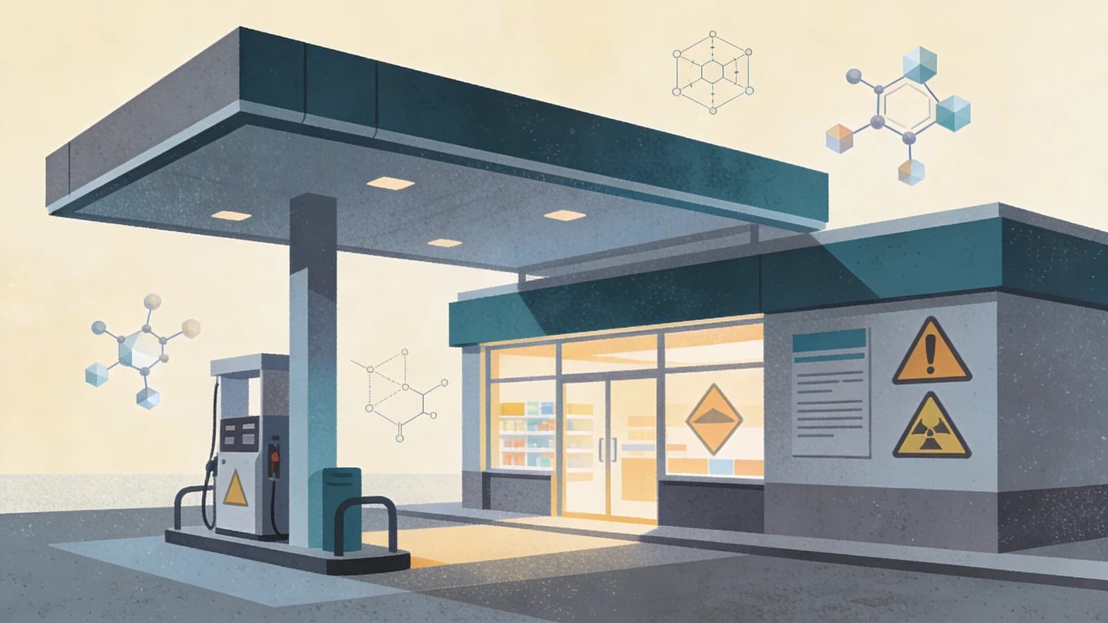Gas station storefront with abstract warning symbols and molecular structures, representing unregulated synthetic opioid products sold over-the-counter