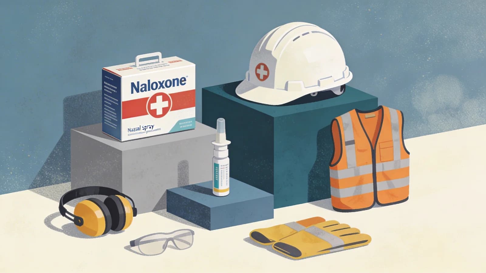 Abstract workplace first aid kit with geometric naloxone box beside hard hats and safety equipment, representing New York's new employer opioid response requirement