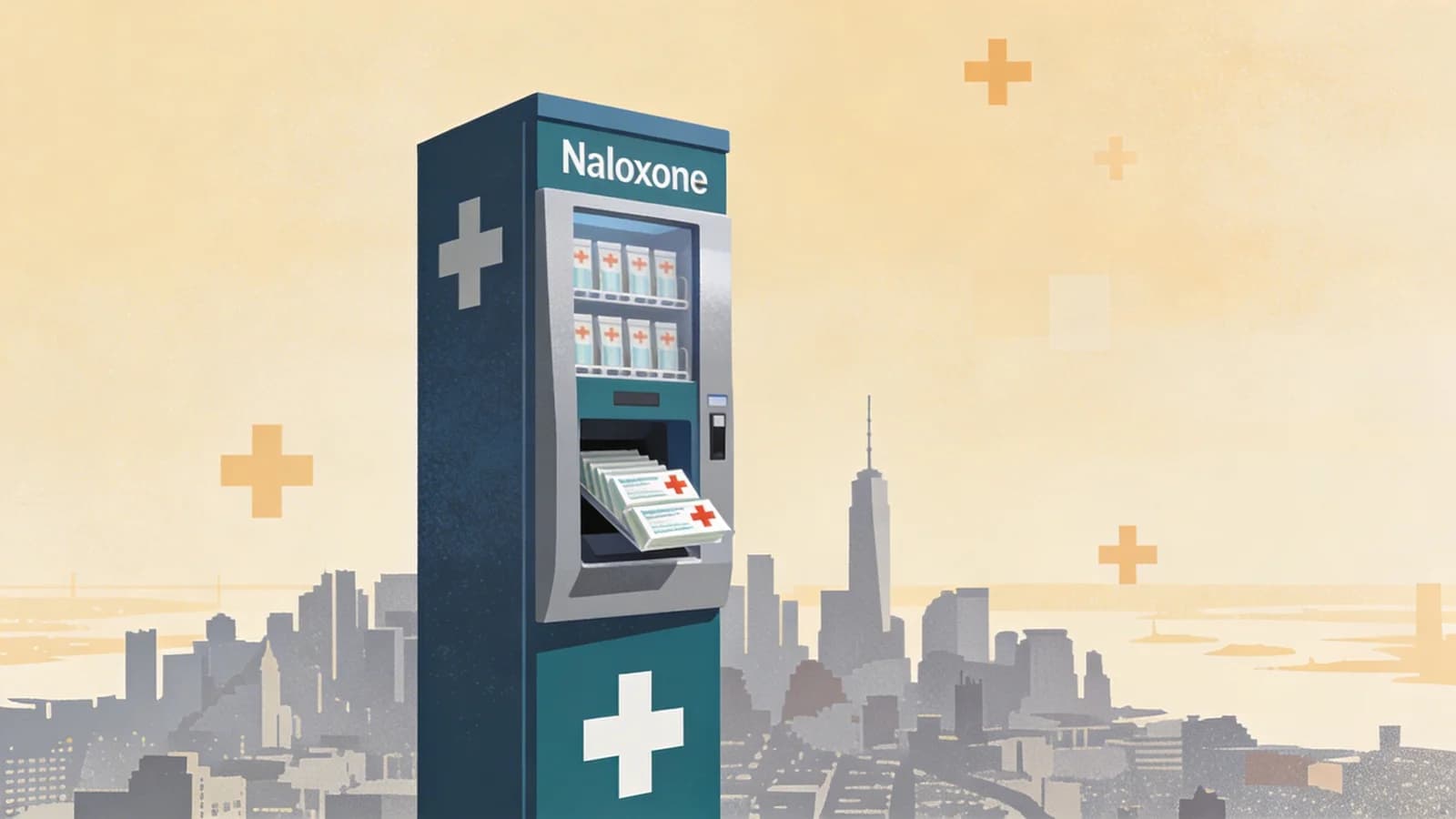 Geometric public health vending machine with naloxone kits and medical supplies, representing NYC's innovative overdose prevention program