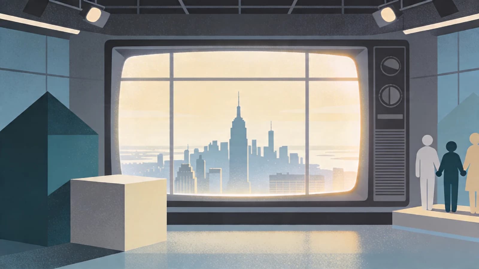 Television broadcast studio with New York skyline backdrop, representing statewide opioid settlement fund awareness program