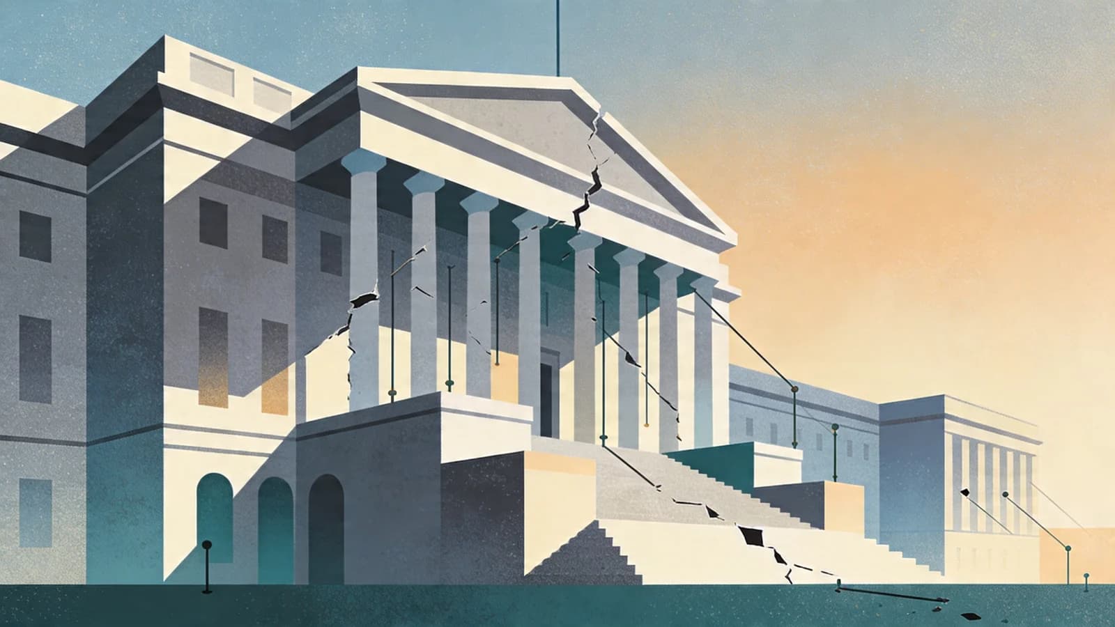 Abstract government building with broken funding streams, representing SAMHSA grant terminations affecting addiction treatment services