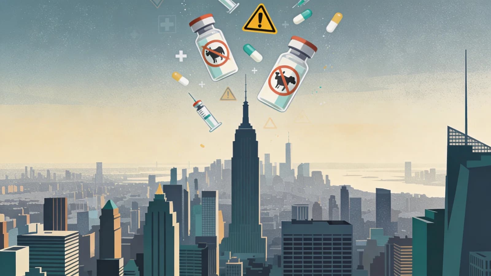 Abstract medical vials and warning symbols floating above New York City skyline, representing dangerous veterinary tranquilizer contaminating street opioid supply
