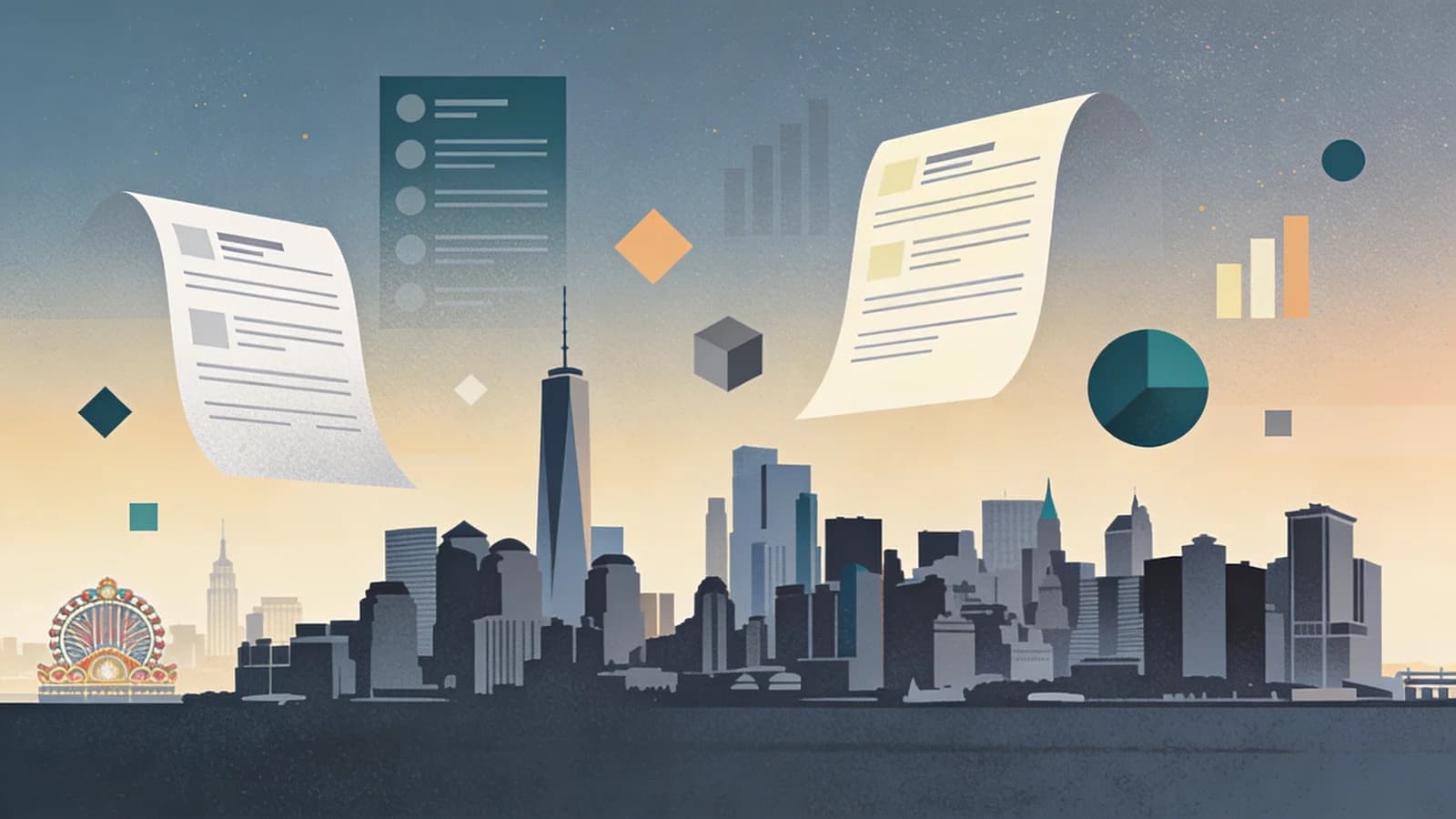 Abstract survey forms and casino silhouettes against New York skyline, representing statewide gambling behavior research and addiction services planning