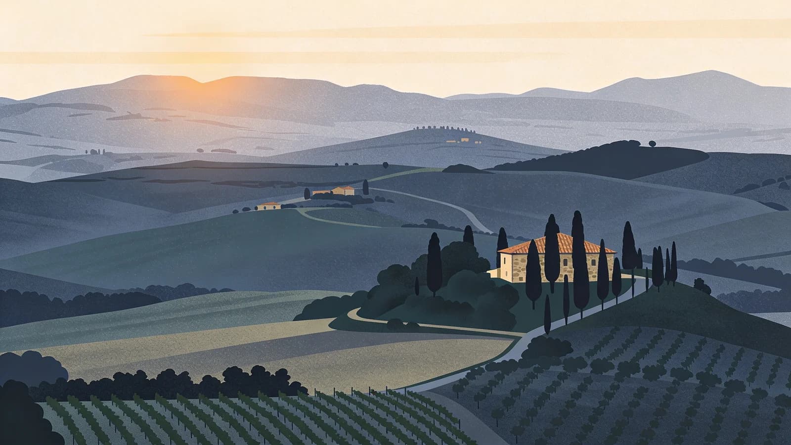 Rolling hills with vineyard and rustic farm buildings, representing the Italian San Patrignano addiction recovery model