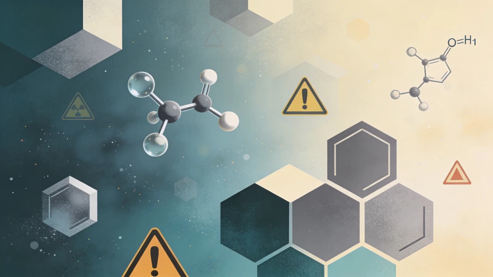 Abstract molecular structures and warning symbols representing emerging synthetic opioid threat in New York drug supply
