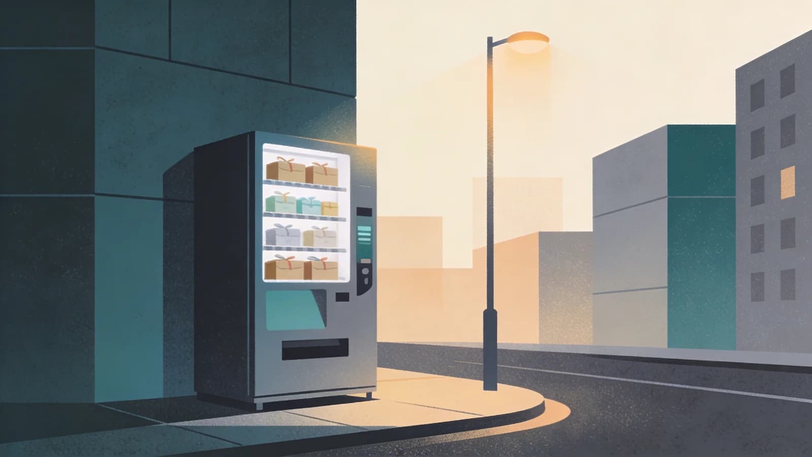 Minimalist illustration of a vending machine dispensing naloxone kits in an urban setting, representing harm reduction accessibility in New York communities