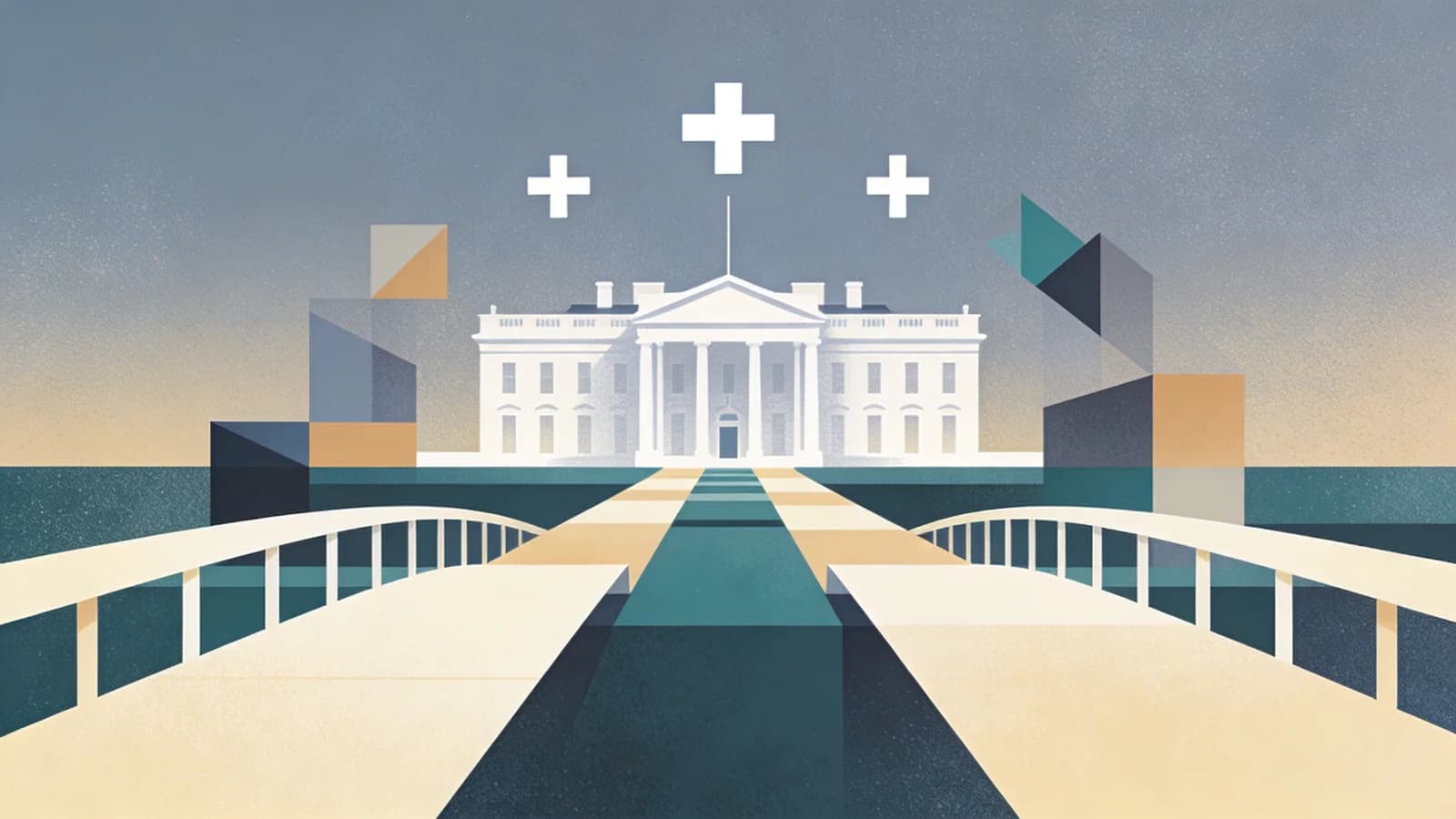 White House building with abstract pathways leading toward medical symbols, representing the 2026 National Drug Control Strategy