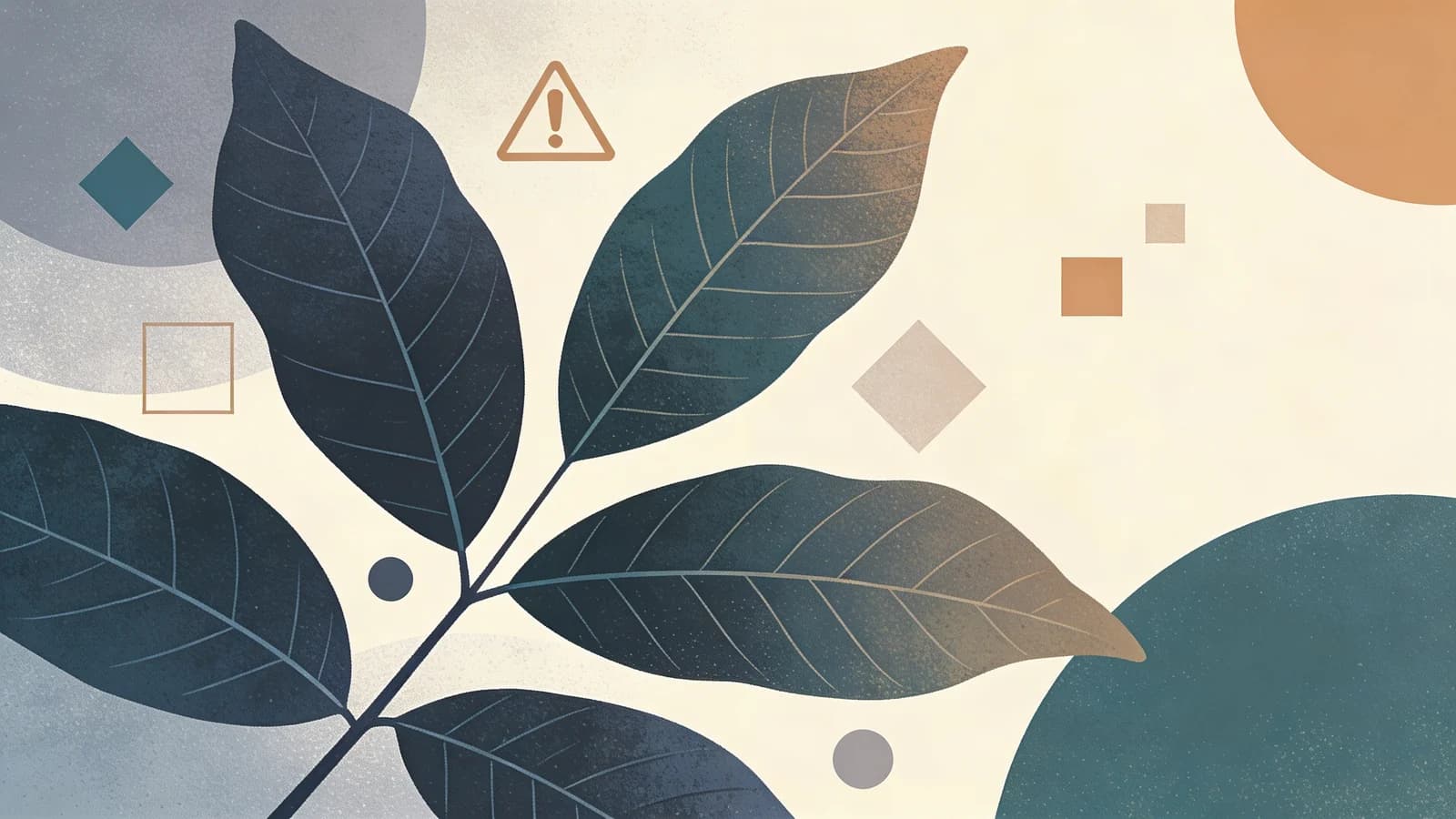 Abstract botanical leaves with warning symbols, representing New York's public health alert on kratom and 7-hydroxymitragynine risks