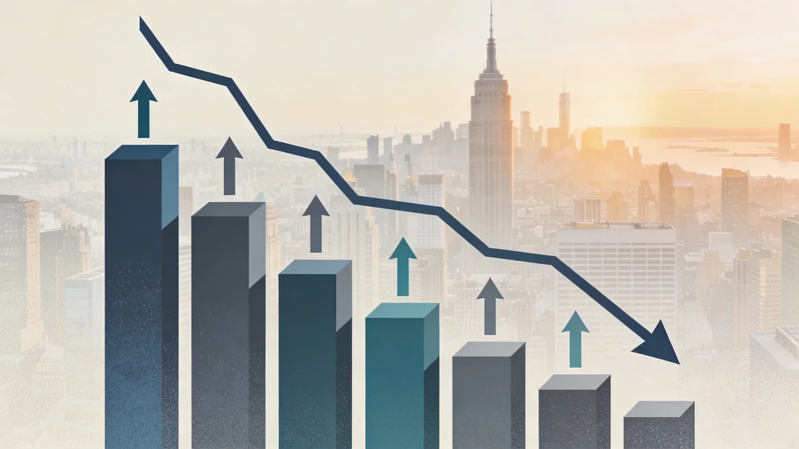 Abstract descending chart line over New York skyline silhouette, representing dramatic reduction in overdose deaths across the state