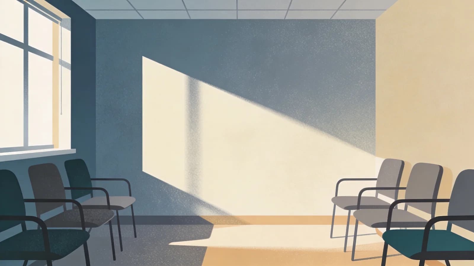 Empty chairs in a counseling office waiting room, representing the shortage of addiction treatment providers and workforce crisis