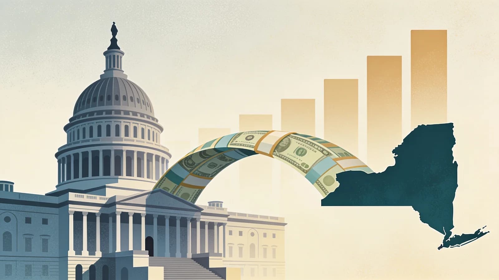Capitol-style building with funding streams flowing toward a New York State map outline, representing $700M in federal addiction and mental health funding