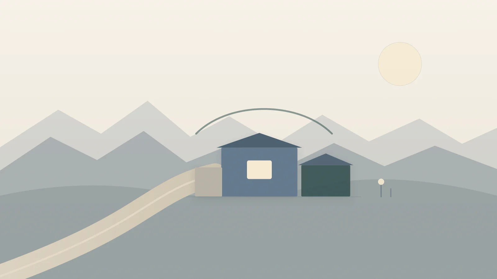 Illustration of a small Adirondack clinic with a dispensing window and a winding mountain road