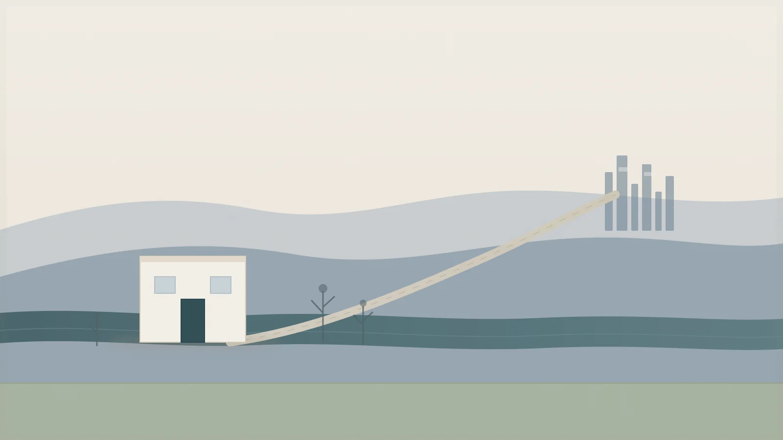 Hudson Valley river town with a clinic building and a long road leading north, representing the methadone access gap