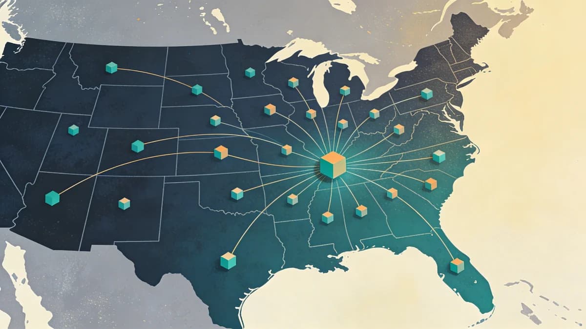 Abstract editorial illustration of an interconnected network of community health centers receiving federal block grant funding across the United States