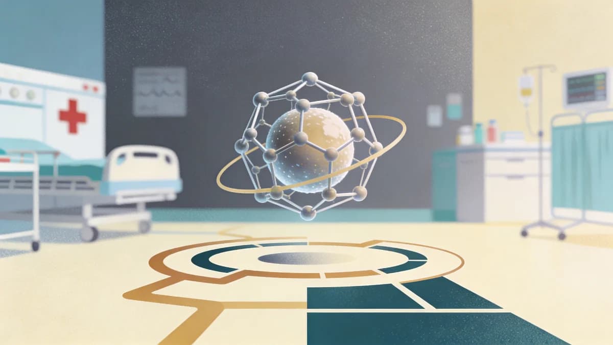 Abstract molecular cage structure wrapping around spherical particle representing subetadex binding to fentanyl molecule, scientific breakthrough visualization for overdose treatment research