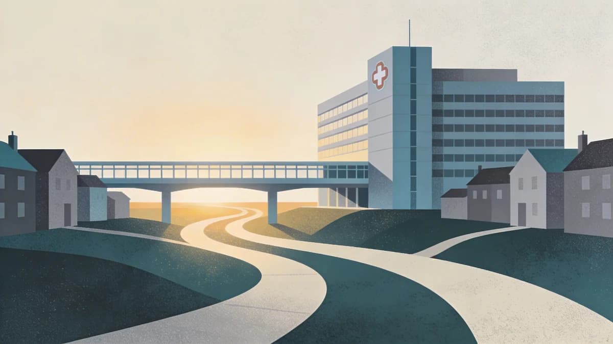 Abstract bridge connecting hospital building to community housing, representing transition from crisis care to recovery support