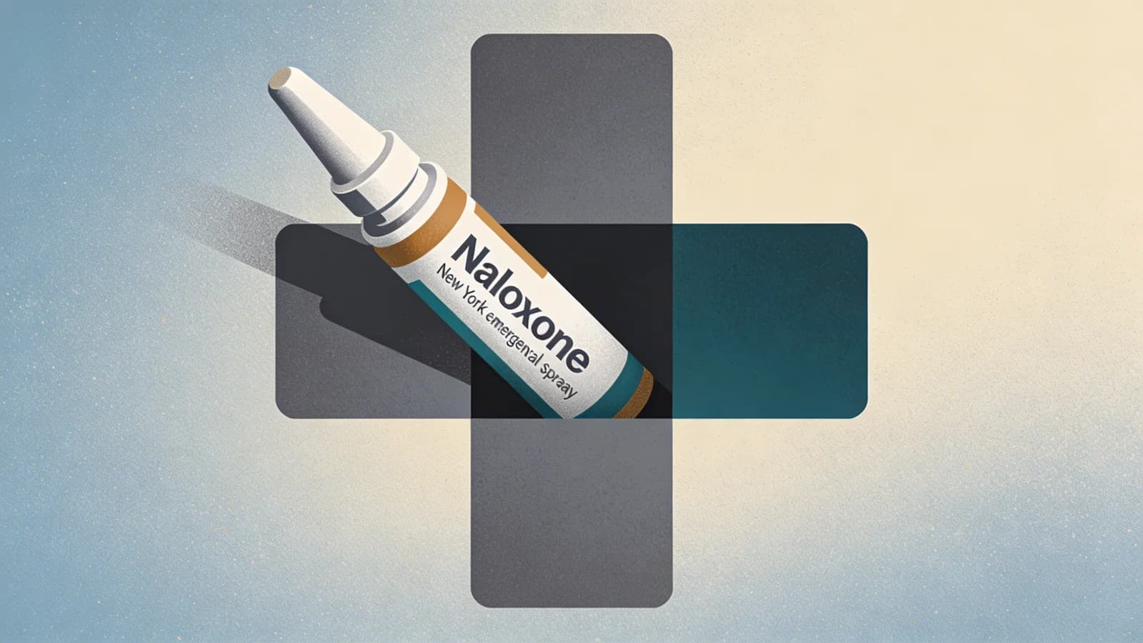 Geometric first aid kit with naloxone nasal spray emerging from clean medical cross symbol, representing New York workplace safety requirement