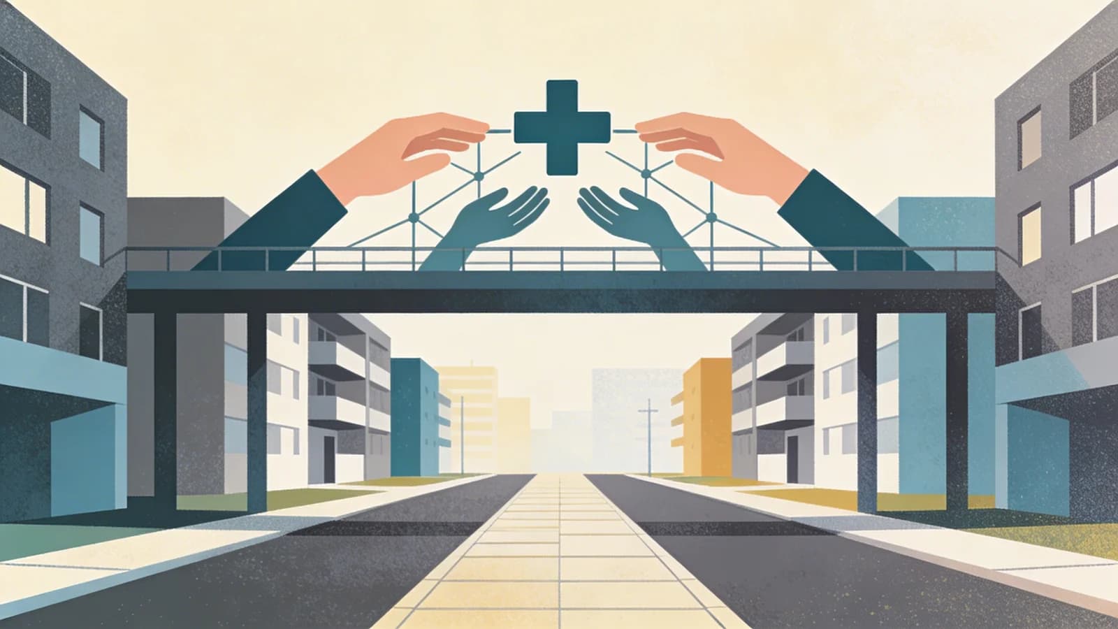 Geometric city skyline with interconnected pathways leading from streets to housing structures, representing federal program connecting homeless individuals to treatment and stable housing