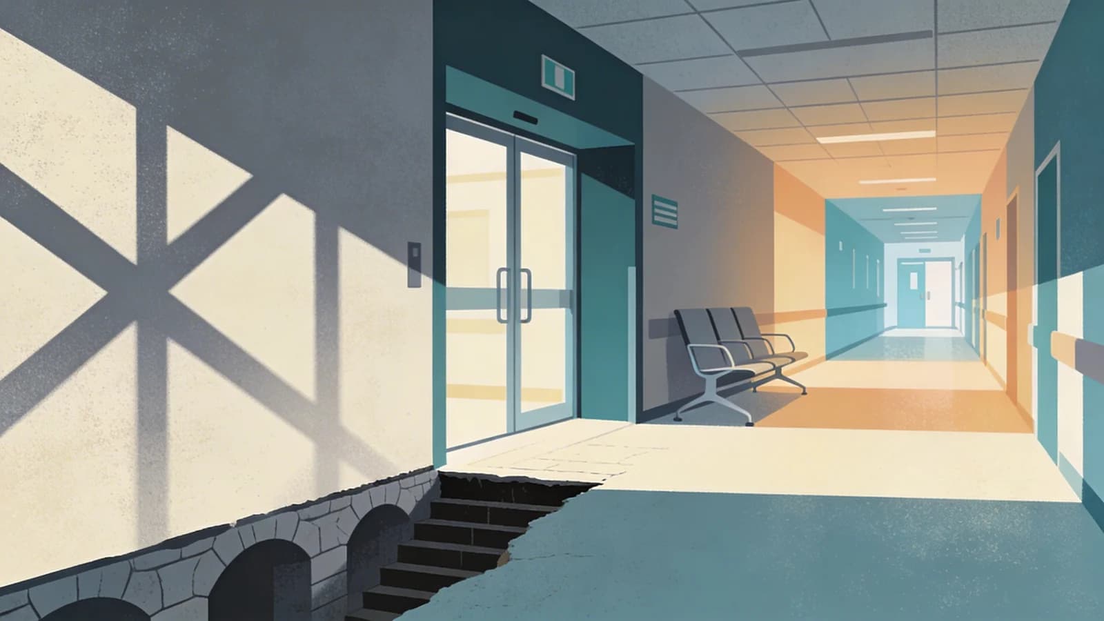 Abstract emergency room entrance with cannabis leaf shadow, representing the growing gap between marijuana legalization and addiction treatment infrastructure in New York