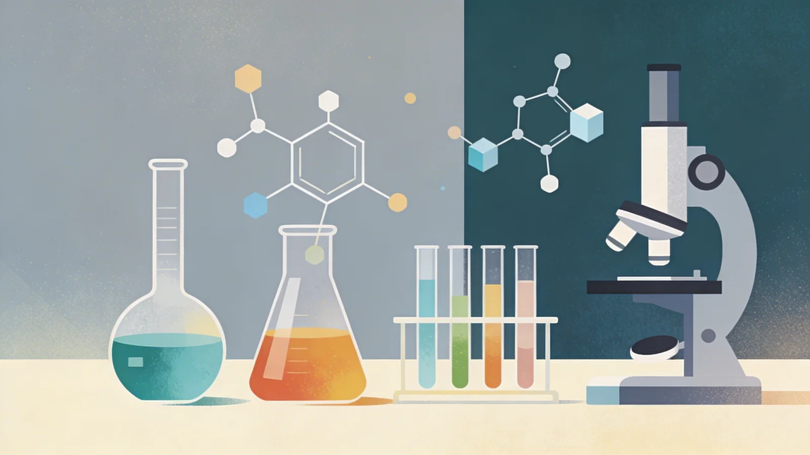 Laboratory glassware with colorful synthetic chemicals, representing emerging new street drugs entering the drug supply