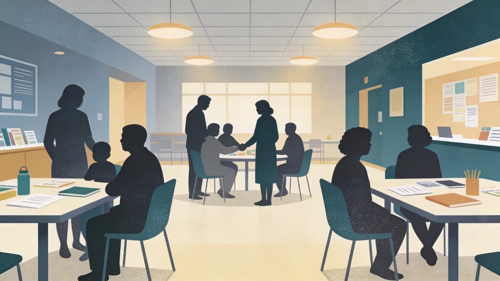 Community gathering space with supportive figures and educational materials, representing family substance use summit in Rochester New York