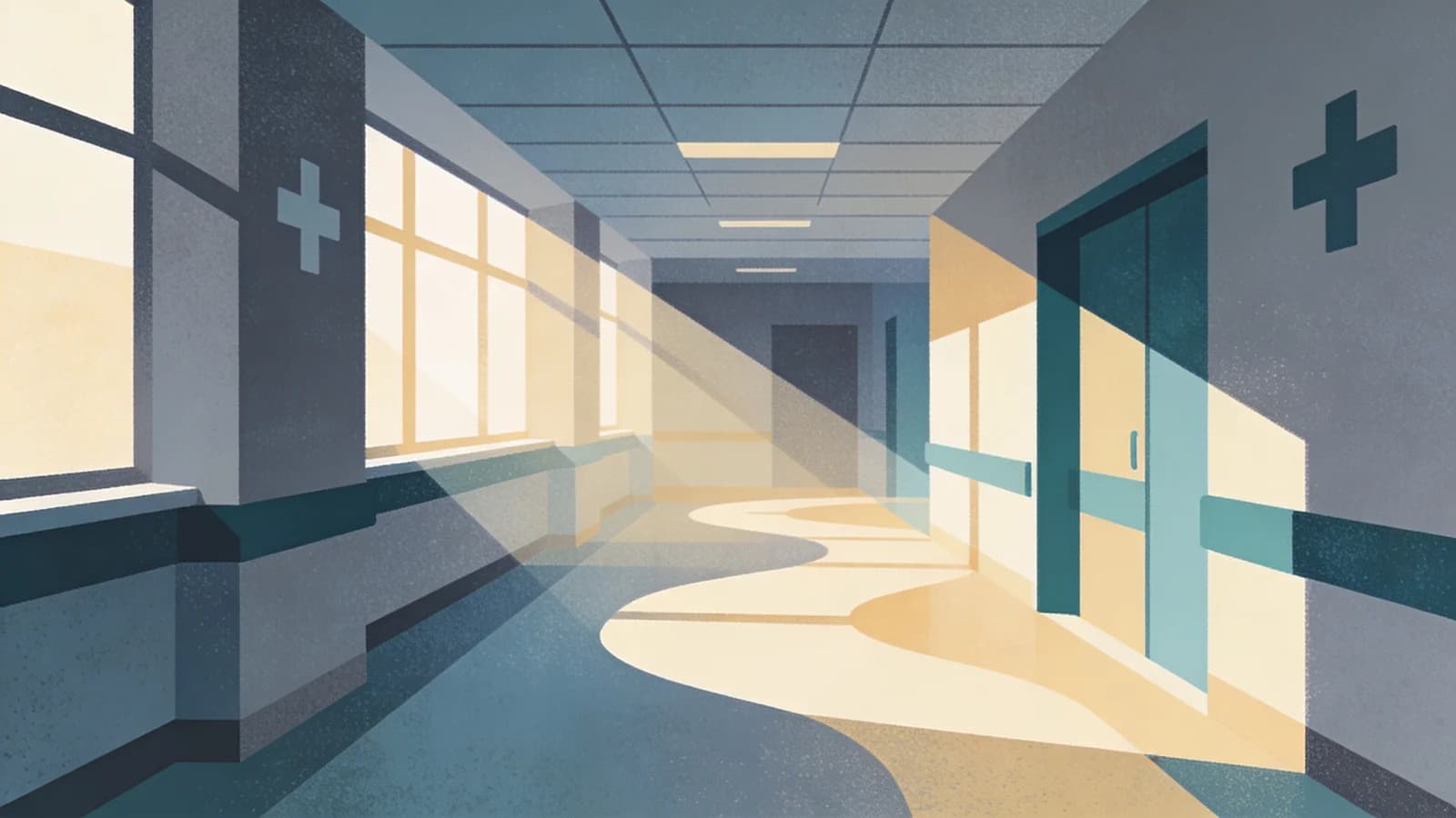 Hospital corridor with geometric light patterns representing clinical pathways for opioid use disorder treatment, Yale medical research consensus