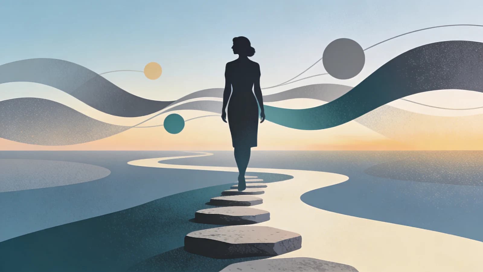 Abstract silhouette of a woman in midlife with geometric shapes representing hormonal shifts and recovery pathways, symbolizing menopause and substance use disorder connection