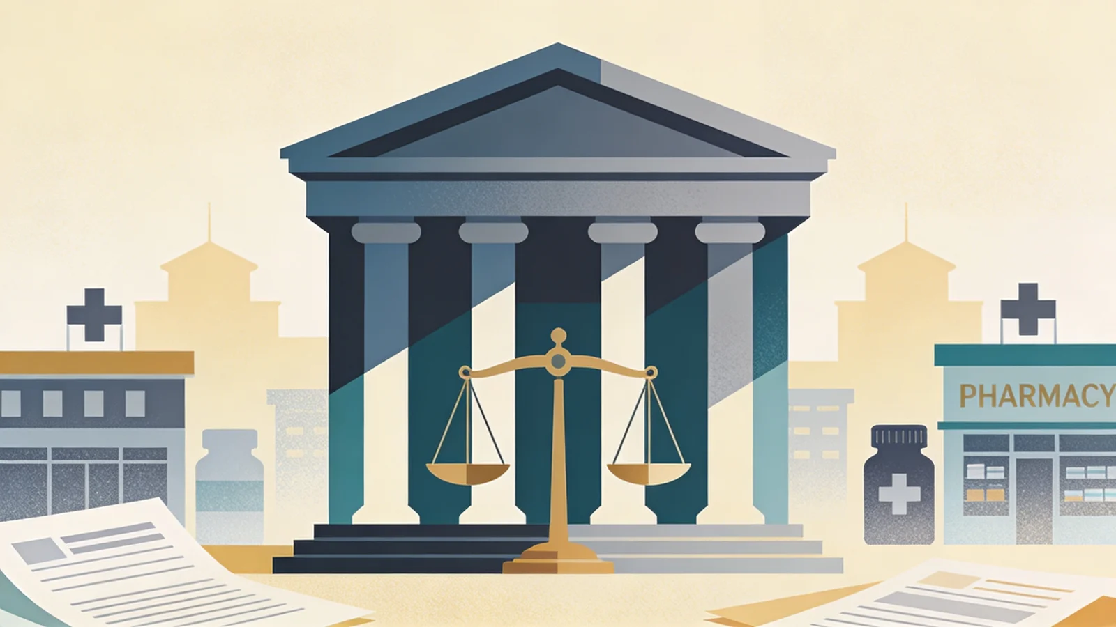Courthouse scales of justice with pharmacy building silhouettes, representing legal victory for major pharmacy chains in opioid litigation