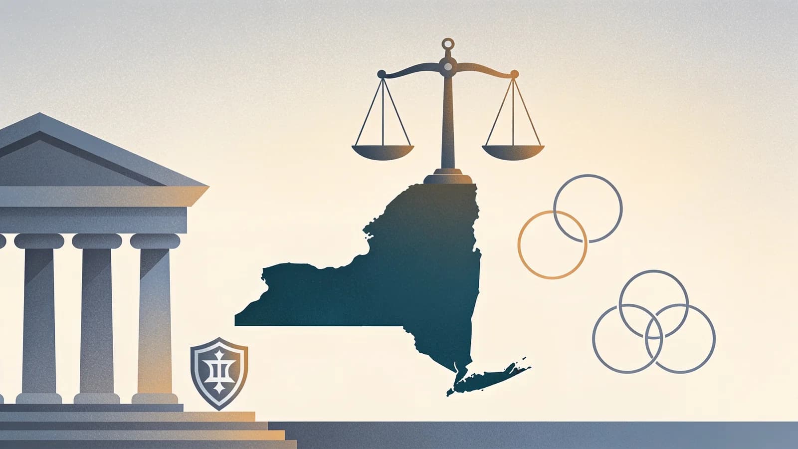 Scales of justice over abstract New York map, representing Operation Clean Sweep fentanyl seizure in Onondaga County