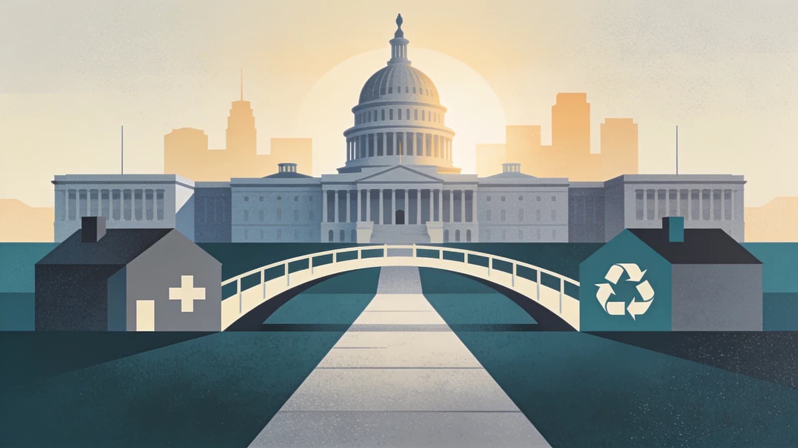 Federal government building with pathway leading to recovery and housing, representing the Treatment First policy approach to homelessness and addiction