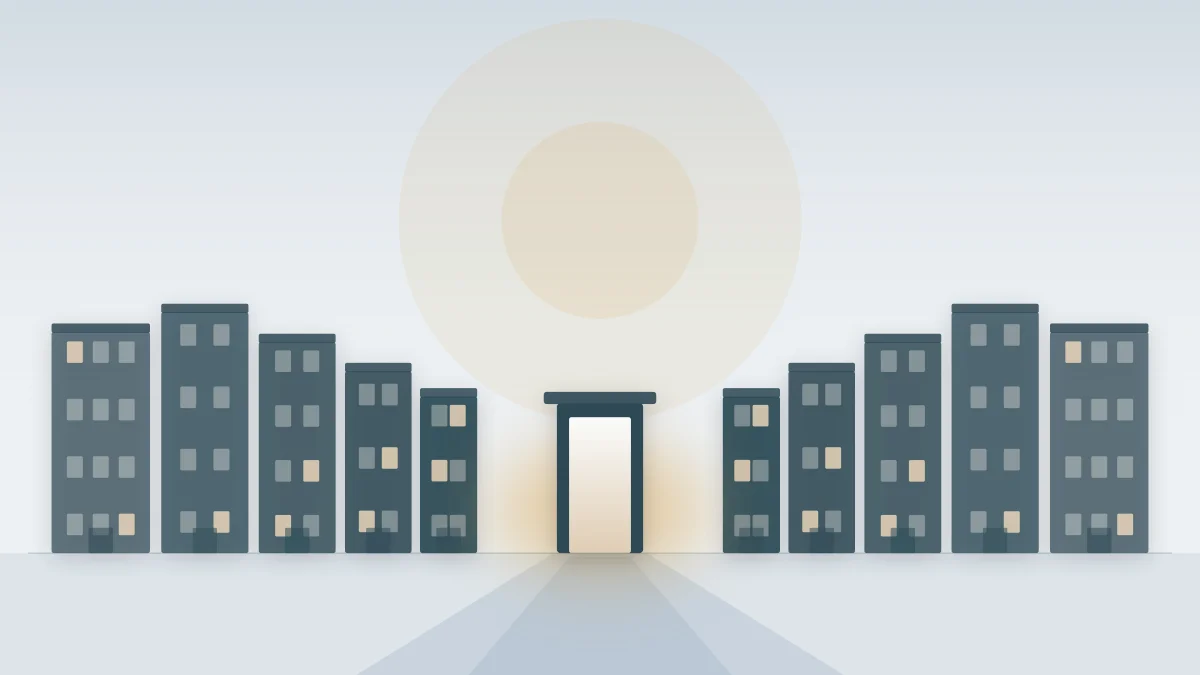 Geometric New York rowhouses at dawn with a lit open doorway, representing behavioral health crisis response teams