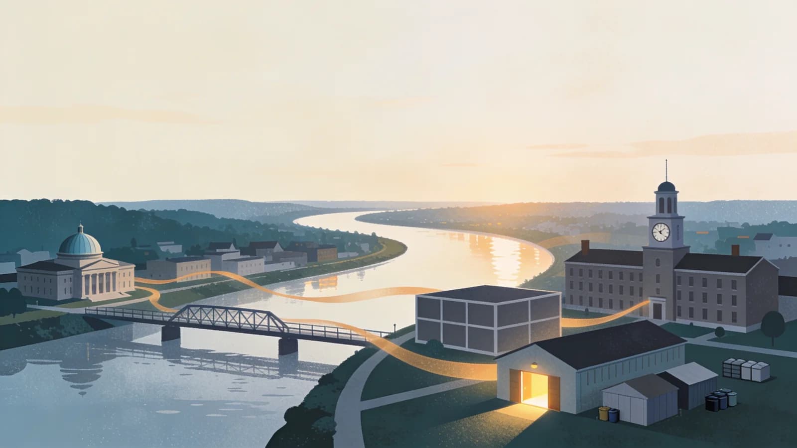 Geometric Susquehanna river bend with county buildings and clinic blocks, representing Broome County settlement funding
