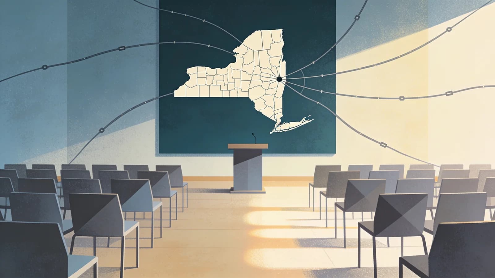 Empty chairs facing a podium under a map of New York, representing the state's addiction services listening tour
