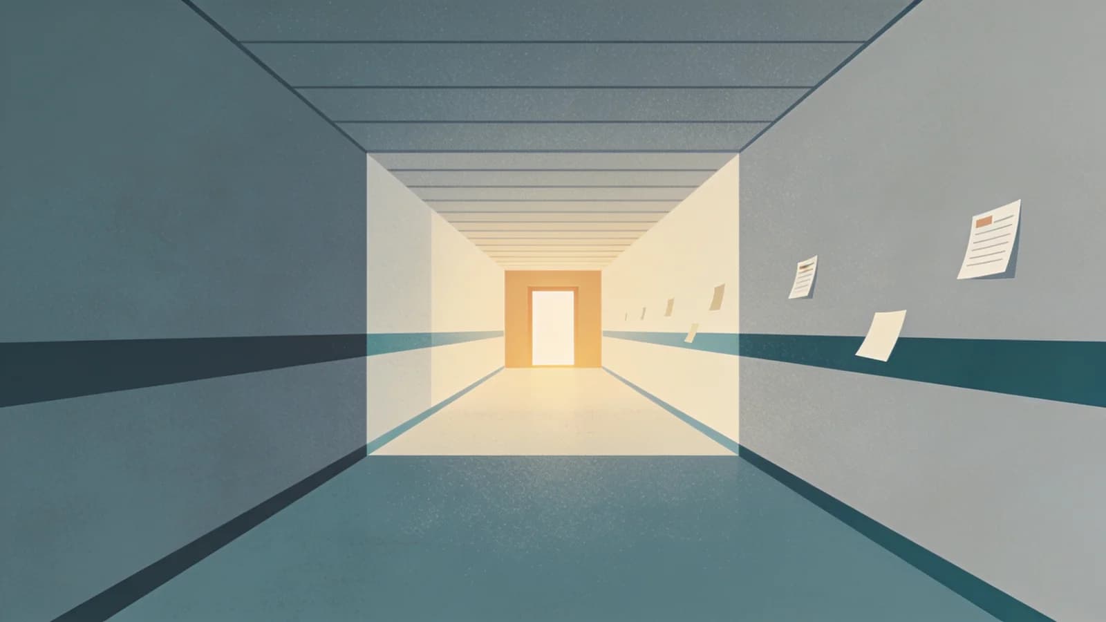 Narrowing geometric funnel in a Bronx hospital corridor representing 9,140 records screened for buprenorphine