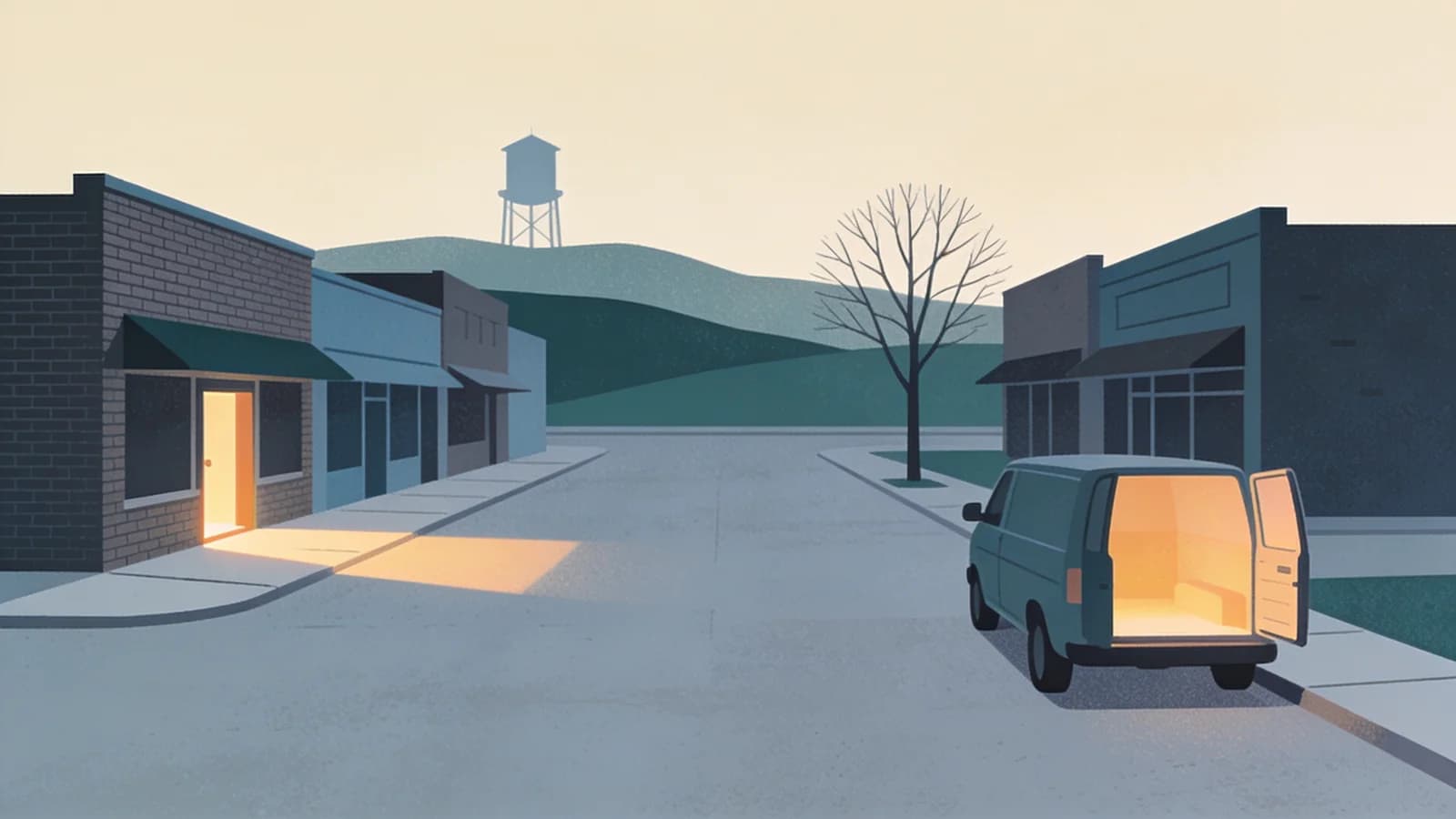 Suburban hamlet intersection with a mobile crisis van, representing Putnam County's blocked crisis stabilization center