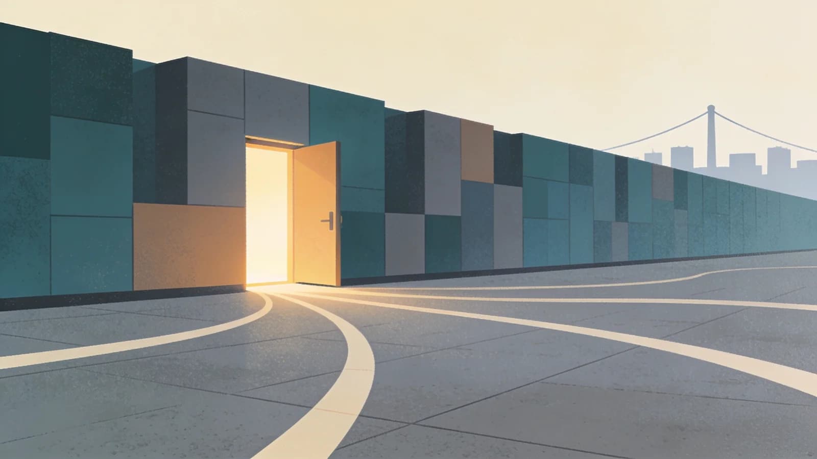 Lit doorway between geometric blocks, paths converging to it, representing NYC's directory of 600 addiction care providers