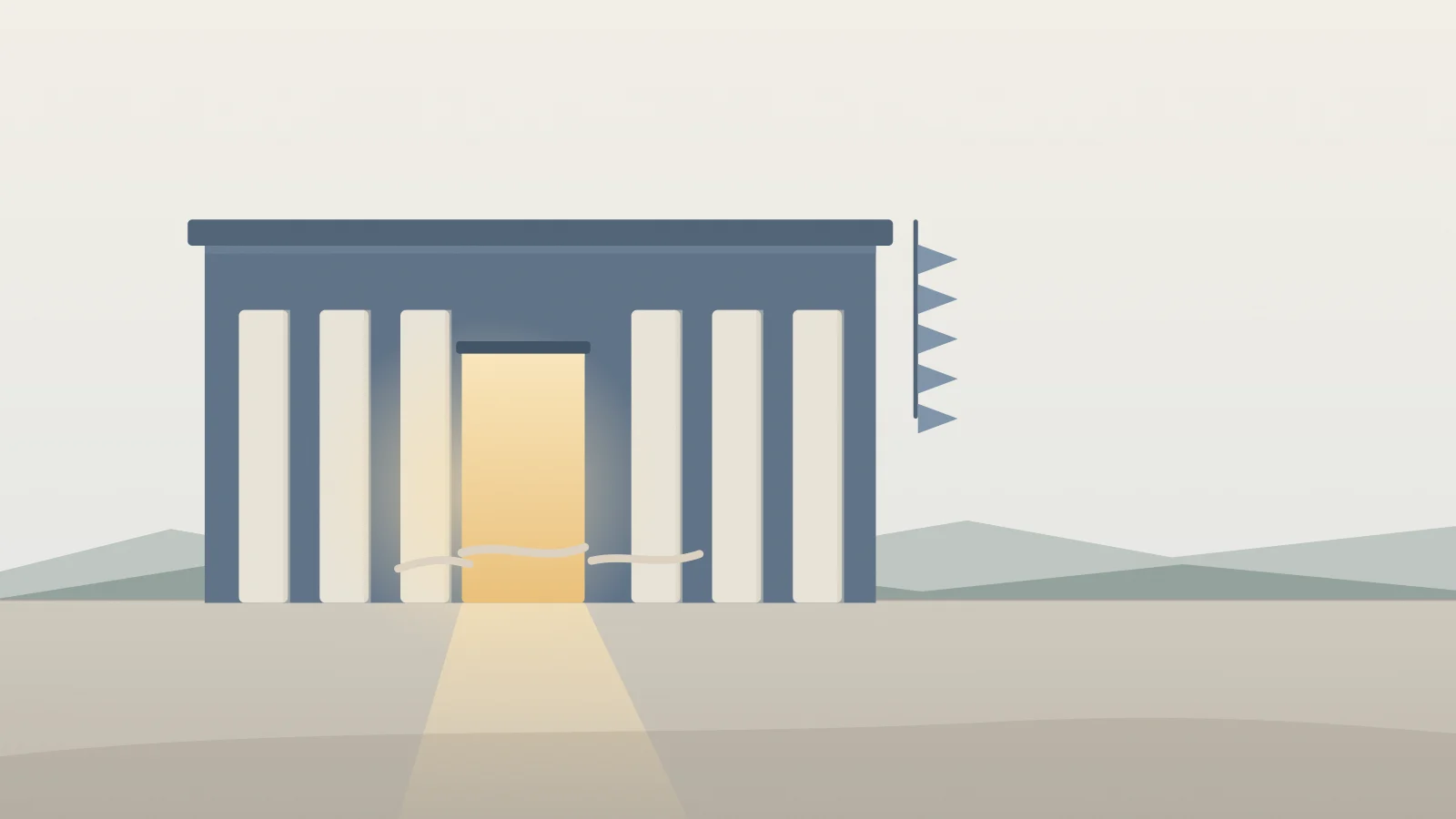 Flat illustration of a courthouse doorway and a cut ribbon leading to addiction treatment for Oneida County veterans