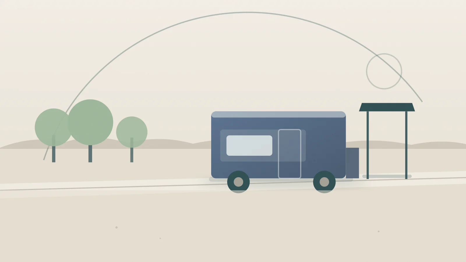 Illustration of a mobile addiction treatment vehicle parked beside a Long Island park at dawn